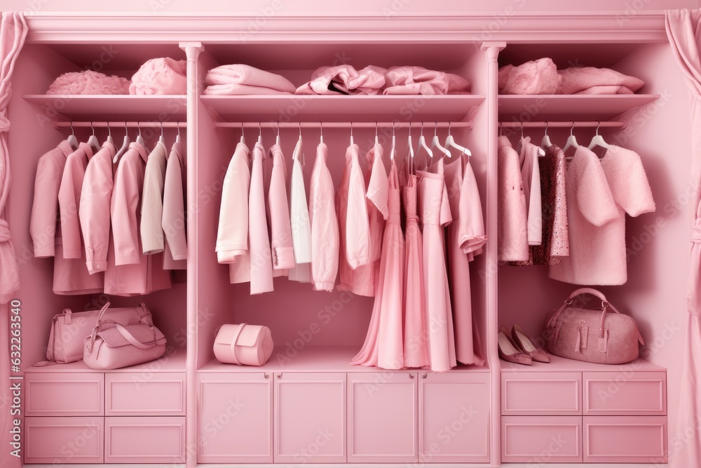 Pink wardrobe with different clothes and accessories on hangers, closeup. Only pink color.