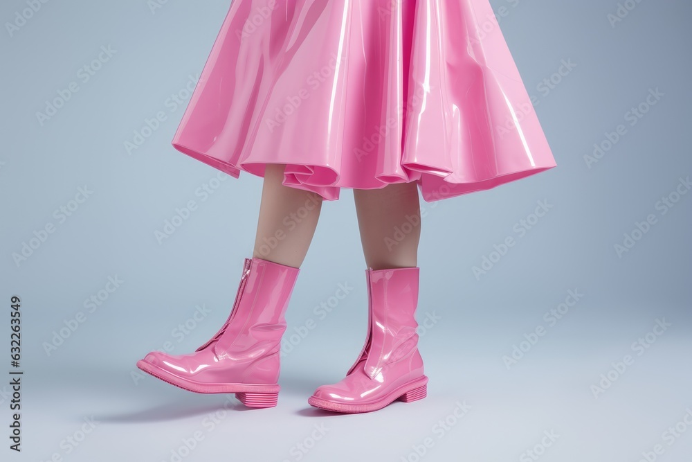 Cropped shot of woman in pink rubber boots and pink dress on a light blue background. Cropped shot of woman in pink rubber boots and pink dress on a light blue background.
