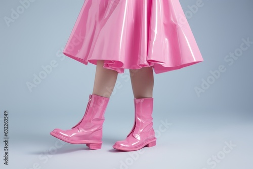 Cropped shot of woman in pink rubber boots and pink dress on a light blue background.