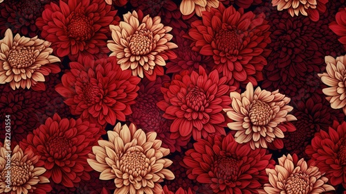 Seamless floral pattern with red chrysanthemums. Nature banner. Dark colors. photo