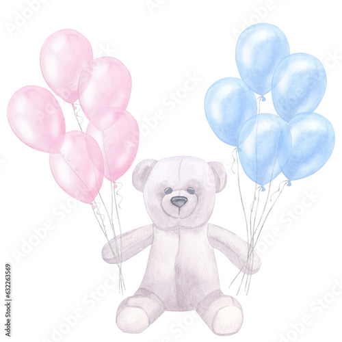 Teddy bear with blue pink balloons, for newborn girl boy. Hand drawn watercolor illustration isolated on white background. Gender reveal party, baby shower
