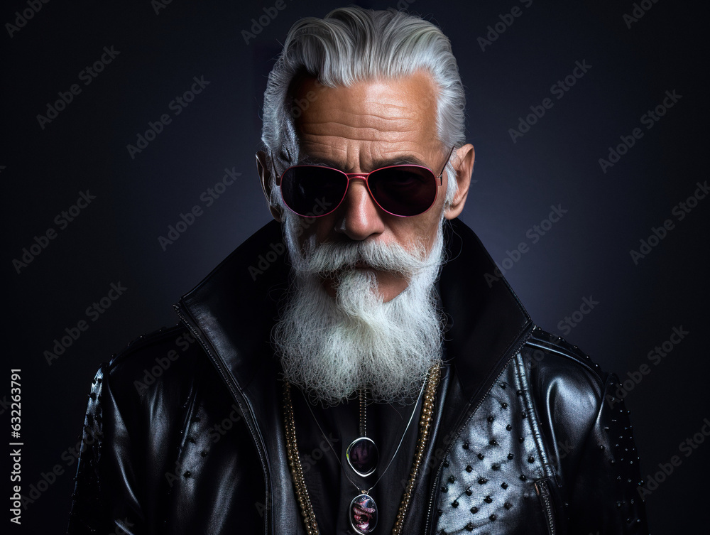 Fashion portrait of hacker grandfather in black jacket.