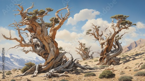  a painting of a tree in the desert with mountains in the background. generative ai