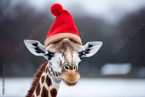 a giraffe wearing a christmas hat in winter