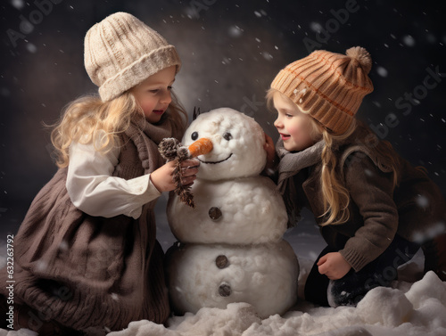 Children in warm clothes, scarves and hats making snowman together in winter © Kedek Creative