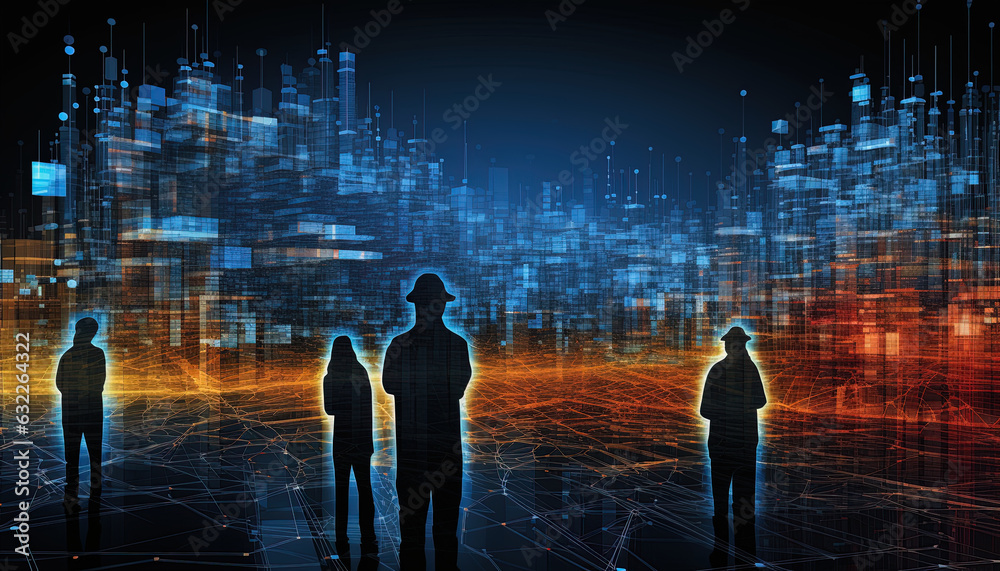 Digital illustration depicting workers as pixelated figures, symbolizing the impact of the digital age