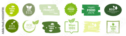 Natural packaging organic label. Ecologic badges with grunge texture. Eco, bio, vegan healthy food mark painting brush. Vector illutration.