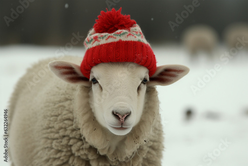 a lamb wearing a christmas hat in winter