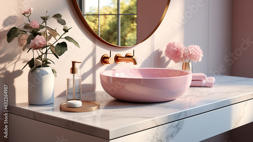 Modern Pink Ceramic Wash Basin with Rose Gold Accents on Marble Perfection. Generative AI