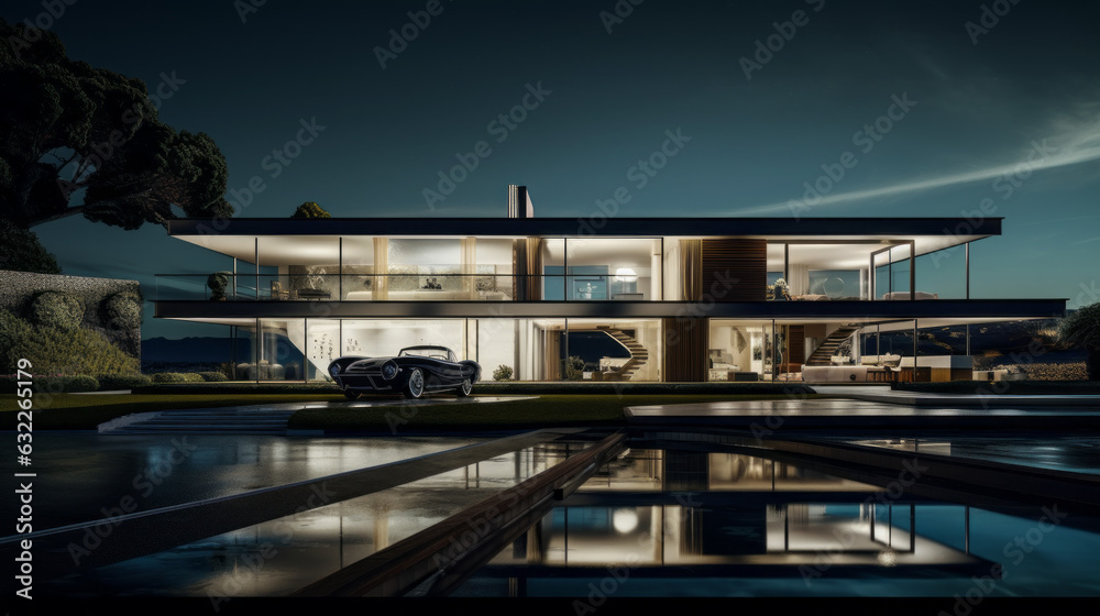 a big luxury house at night with a black car in front and a swimming pool in which there is a reflection