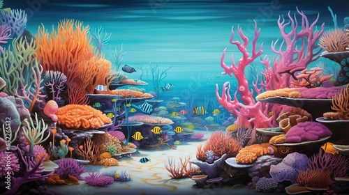  a painting of a coral reef with fish and corals. generative ai