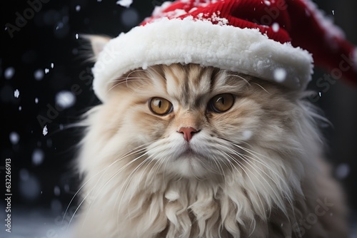 The Adorable White Cat with Santa Hat AI Generated