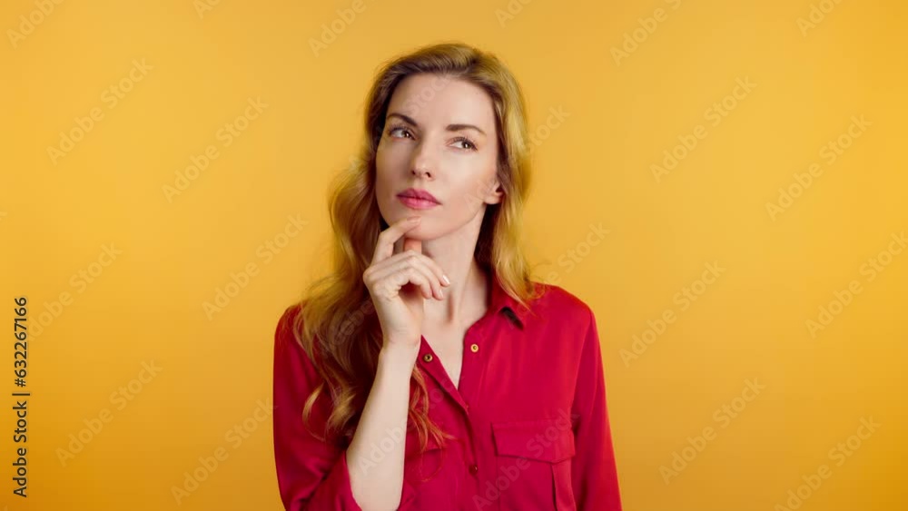 Woman, doubt and thinking, idea emotion, with confusion. Fashionable lady pensive thoughts, makes a decision, pondering a solution and wonder with ideas, trendy makeup, outfit, studio yellow backgroun Woman, doubt and thinking, idea emotion, with confusion. Fashionable lady pensive thoughts, makes a decision, pondering a solution and wonder with ideas, trendy makeup, outfit, studio yellow backgroun