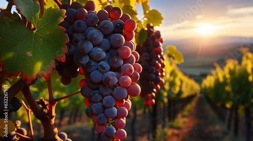 Sun-Kissed Grapes on the Vine in the Evening Glow. Generative AI