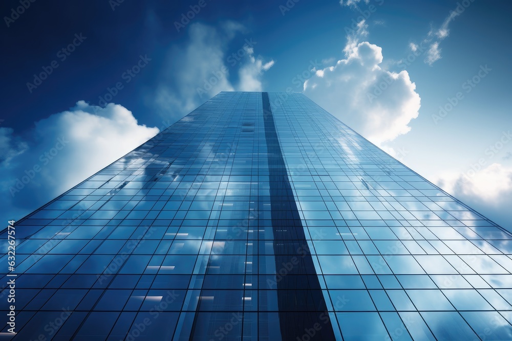 Bottom view of a modern glass skyscraper. Glass office building. The glass windows reflect the blue sky and the clouds. Bottom view of a modern glass skyscraper. Glass office building. The glass windows reflect the blue sky and the clouds.