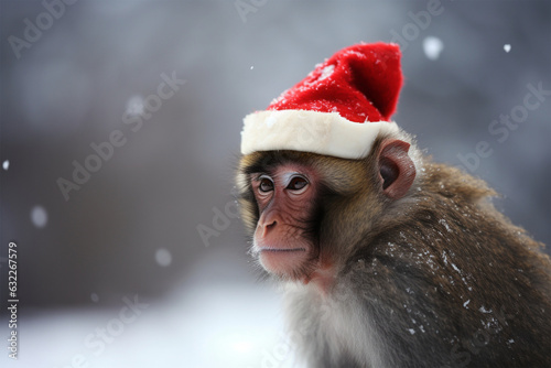 a monkey wearing a christmas hat in winter © imur