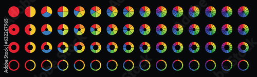 Set of colorful circle pie chart templates. Collection of round pie charts steps,options with dark background - Stock Vector