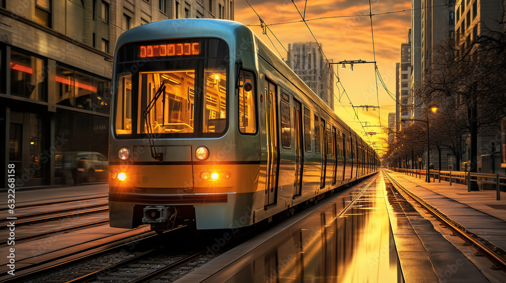 Tram in the city at sunset, Generative AI