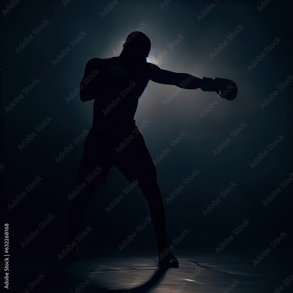 Silhouette of a boxer practicing boxing in the gym