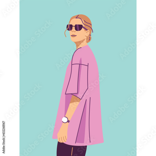 Stylish young woman in glasses dressed in oversize clothes
