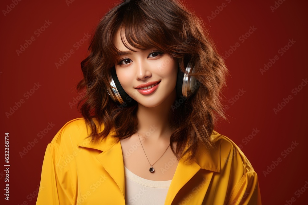 Back to school, happy asian kid with earphones giving a happy hand gesture, created with generative ai Back to school, happy asian kid with earphones giving a happy hand gesture, created with generative ai