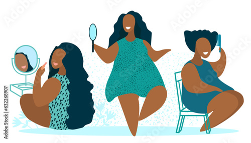 Three chubby afro girls have beauty procedures. Rest. Salon. Plus size women different bodies poses. Body positive. Sketch vector illustration