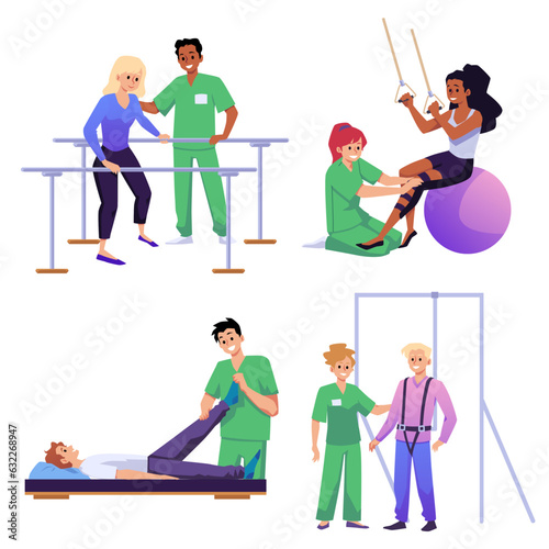 Set of people attending physiotherapy clinic, flat vector illustration isolated on white background.