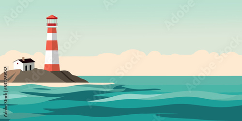 Lighthouse on ocean landscape. Lighthouse on sea coast in flast style. Summer beach. Vector stock