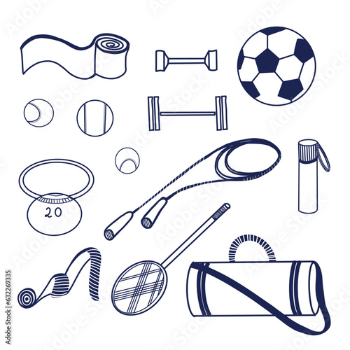 Set of illustrations. Sports equipment - tennis racket, dumbbells, bag, balls, jump rope, scales, water bottle, kettlebell drawn in vector on a tablet in dark blue. For print, design.