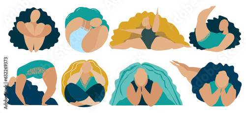 Chubby women set with different bodies poses. Body positive. Sport.  Plump girl or curvy woman model. Plus size overweight female. Sketch vector illustration.