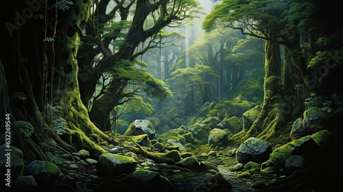  a painting of a forest filled with lots of green trees.  generative ai © Anna