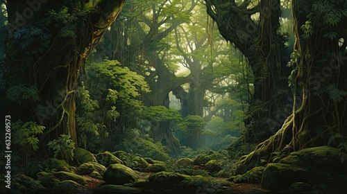  a painting of a forest filled with lots of green trees. generative ai