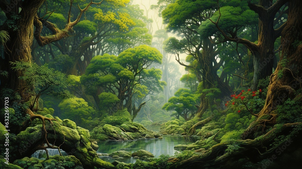  a painting of a forest with a stream running through it.  generative ai