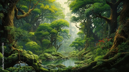  a painting of a forest with a stream running through it. generative ai