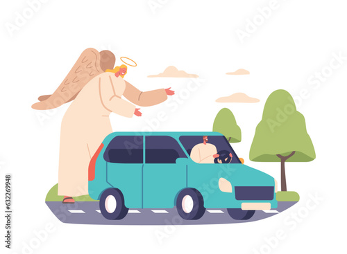 Angel Keeper Character Protects Car Driver On The Road, Acting As A Guardian Angel During Journeys, Vector Illustration