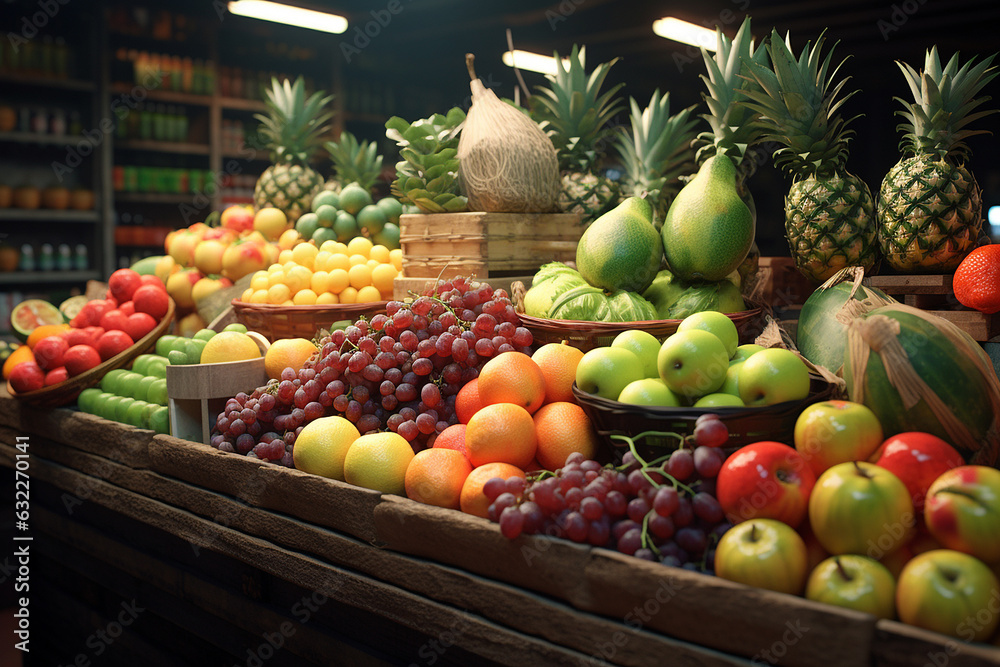 Close-up view of a fruits and vegetables at the market.