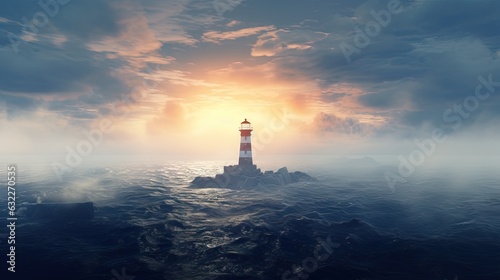  a lighthouse in the middle of a body of water at sunset. generative ai