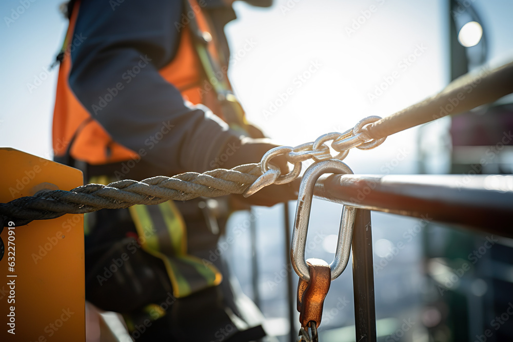 Construction Worker Wearing Safety Harness and Safety Line Masterfully Working at High Place. created with Generative AI Construction Worker Wearing Safety Harness and Safety Line Masterfully Working at High Place. created with Generative AI