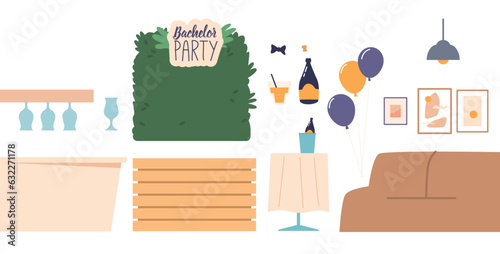 Set of Items for Bachelor Party Celebration. Room Decor, Streamers, Balloons, And Drinks, Furniture Setting Restaurant