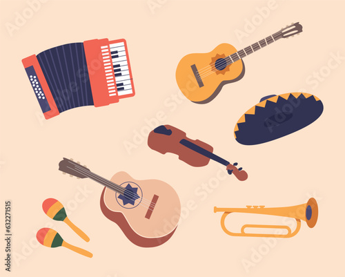 Set Of Mexican Musical Instruments and Sombrero. Maracas, Guitarron, Accordion, And Trumpet, Guitar and Violin