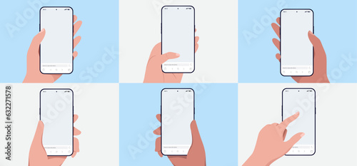 Phone in hand vector template collection - Set of mockup illustrations of diverse hands using smartphone touch screens with blank empty web browser