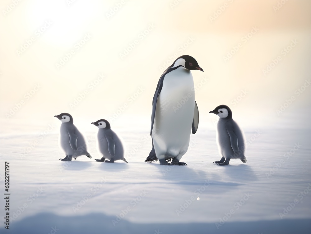Obraz premium Gemeinsam durchs Eis: Die reizende Pinguinfamilie