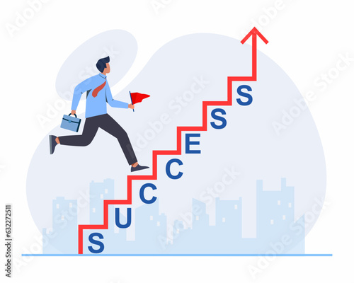 Man climbing stairs towards goal to achieve Success in business growing business concept