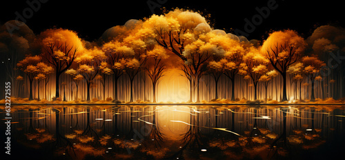 Obraz na płótnie Oil painting of Golden trees reflected in lake on black sky background w salonie