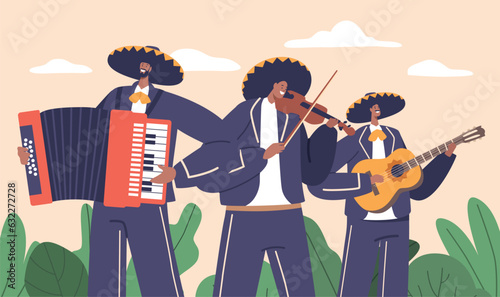 Mariachi Musicians Band, Skilled Performers, Donning Traditional Mexican Attire, Playing Soulful Melodies With Guitar
