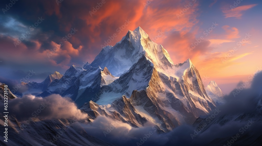  a painting of a mountain with clouds in the foreground.  generative ai