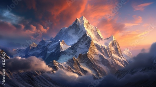  a painting of a mountain with clouds in the foreground. generative ai
