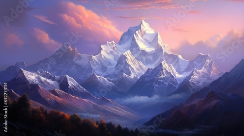  a painting of a mountain range with clouds in the background. generative ai
