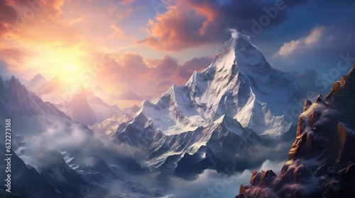  a painting of a mountain range with clouds and a sunset. generative ai