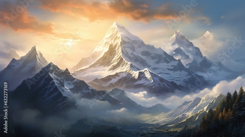  a painting of a mountain range with clouds and trees in the foreground. generative ai